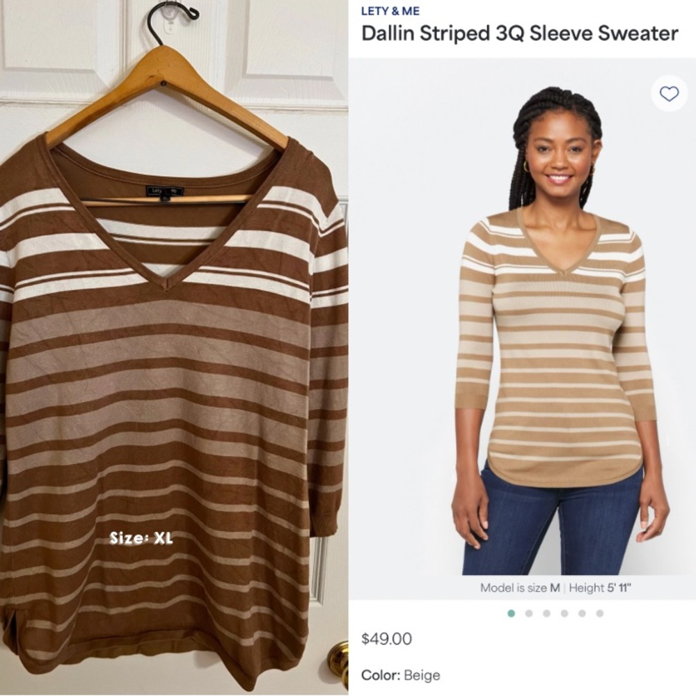 Lety & Me Beige Striped V-Neck Sweater